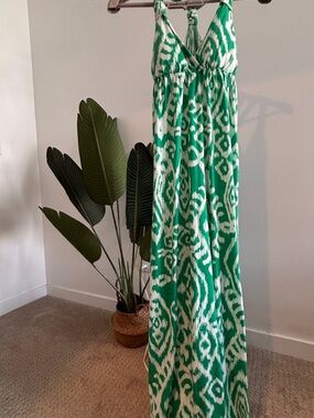 Pink Rose Green and Cream Printed Dress with Abstract Pattern